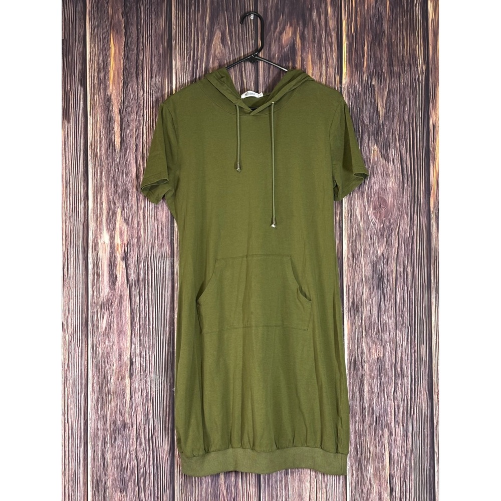 Missky Hoodie Dress Womens XL Olive Green Short Sleeve Comfy Kangaroo Pocket